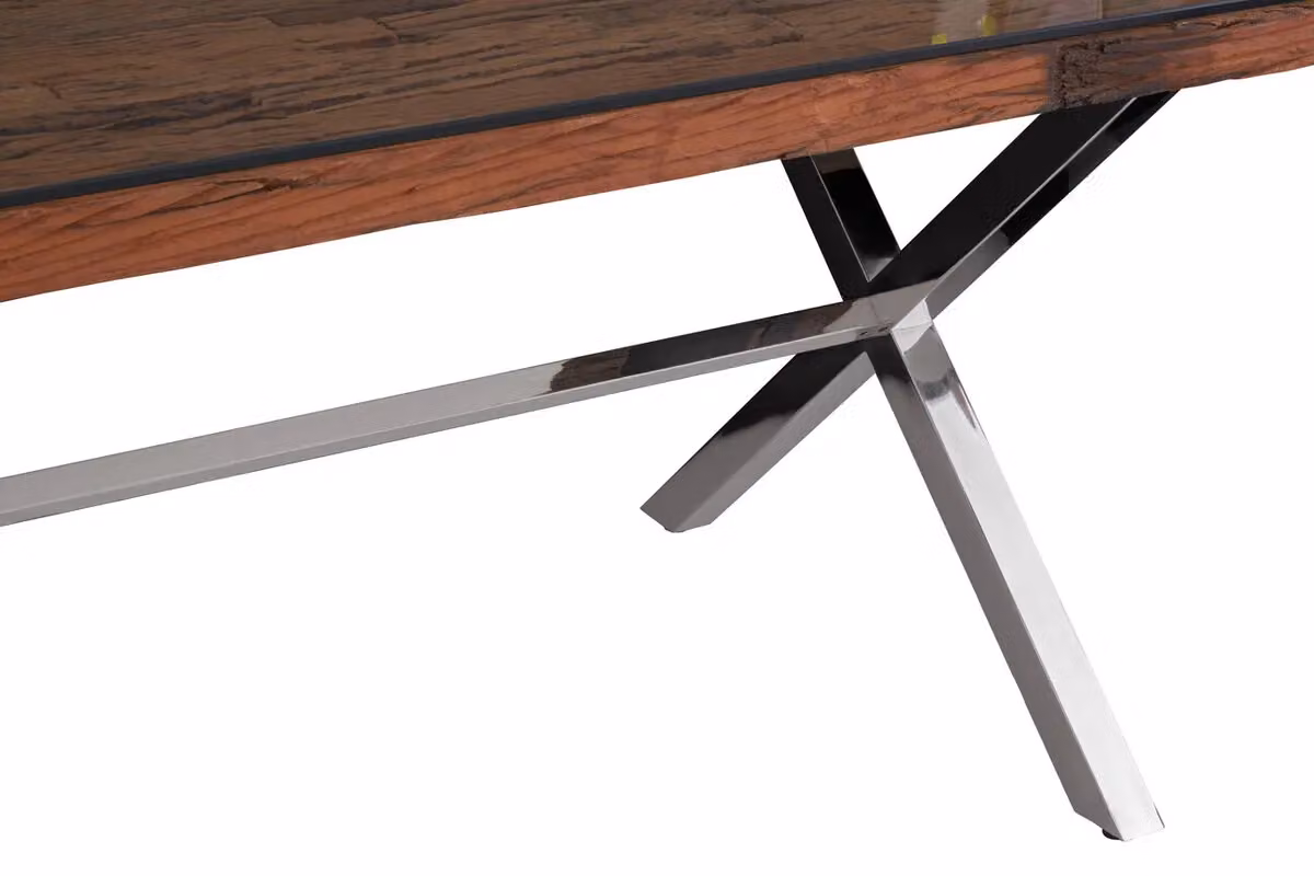 Fifty Five South Rustic Rectangular Glass Dining Table with X-Frame in Brown and Silver – 5
