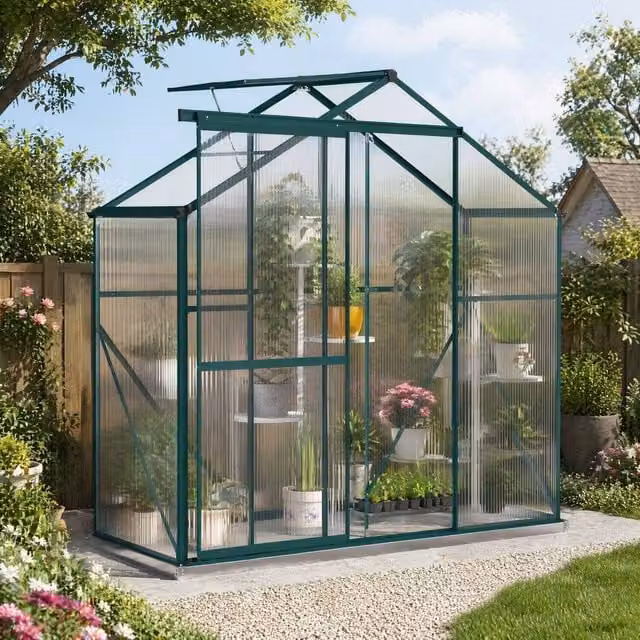 STILVORA Green Walk-In Greenhouse with Sliding Door, Window and Rain Gutter, Height: 190 cm