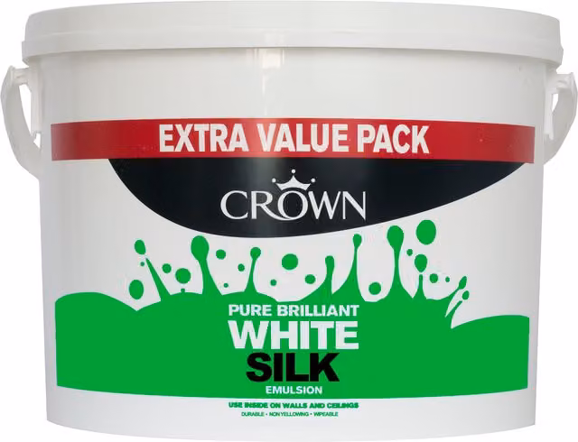 Crown Paint Standard Silk Dispersion Satin Gloss Paint in White, 7.5 l