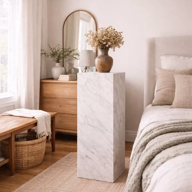 Wyld Haus Dingle White Marble Effect Large Pedestal Side Table