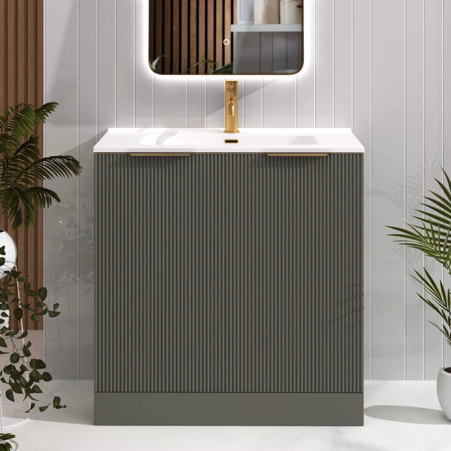 Royal Bathrooms Evora 800mm Sage Green Fluted Floor Standing 2 Door Vanity Unit with Ceramic Basin and Brushed Brass Handles