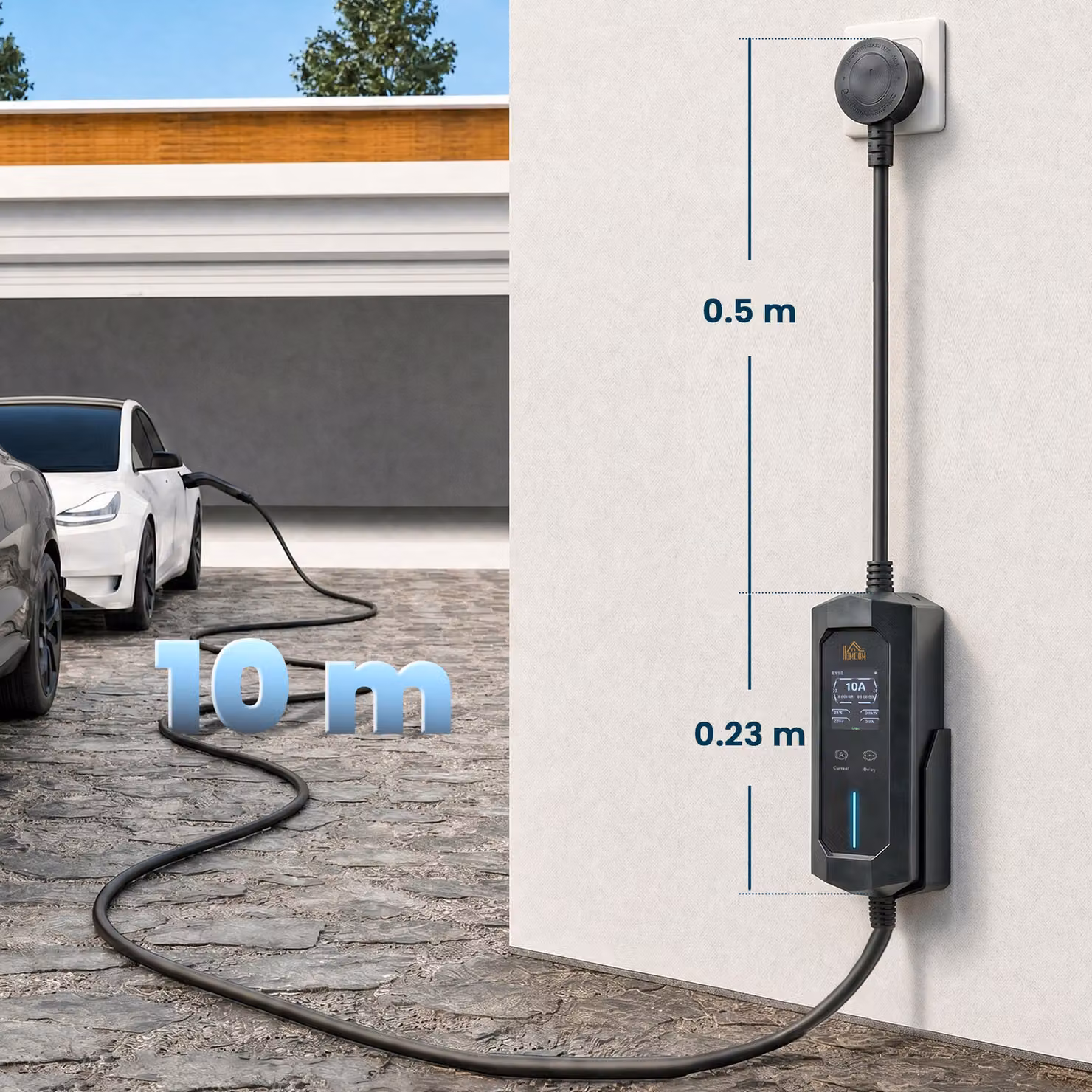HOMCOM EV Charger Type 2 to 3 Pin Plug, 2.8 kW, 6-13 A, 10 m, Black – 3