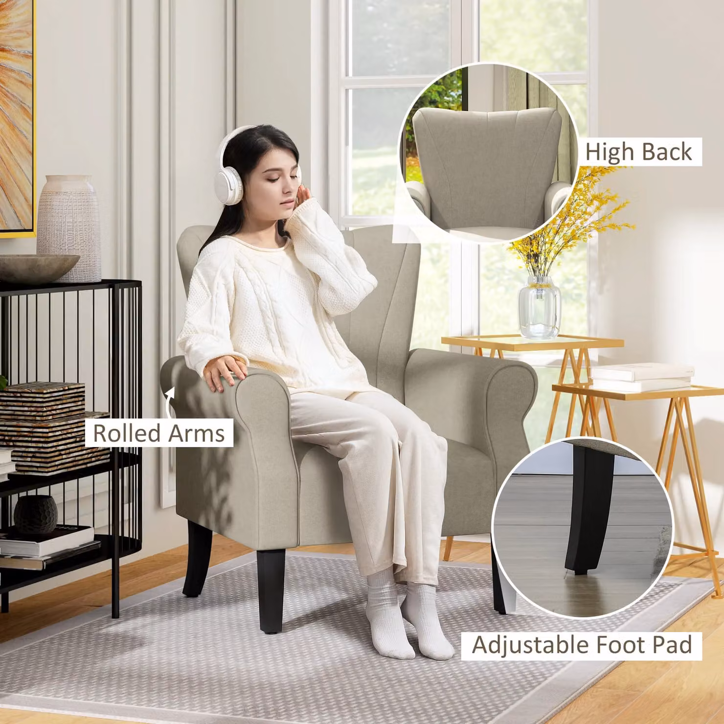 HOMCOM Modern Upholstered Accent Armchair with Solid Wood Legs in Beige – 3