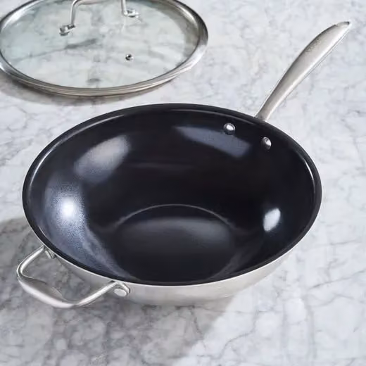 Cooks Professional Tri-Ply Wok with Glass Lid and Ceramic Non-Stick Coating in Silver, 28cm – 1