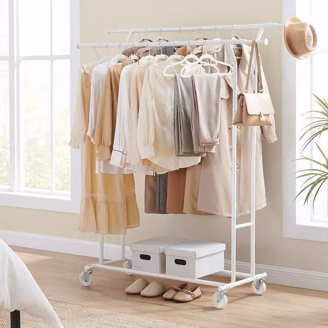 SONGMICS Double Clothes Rail on Wheels, White Metal Clothes Rack