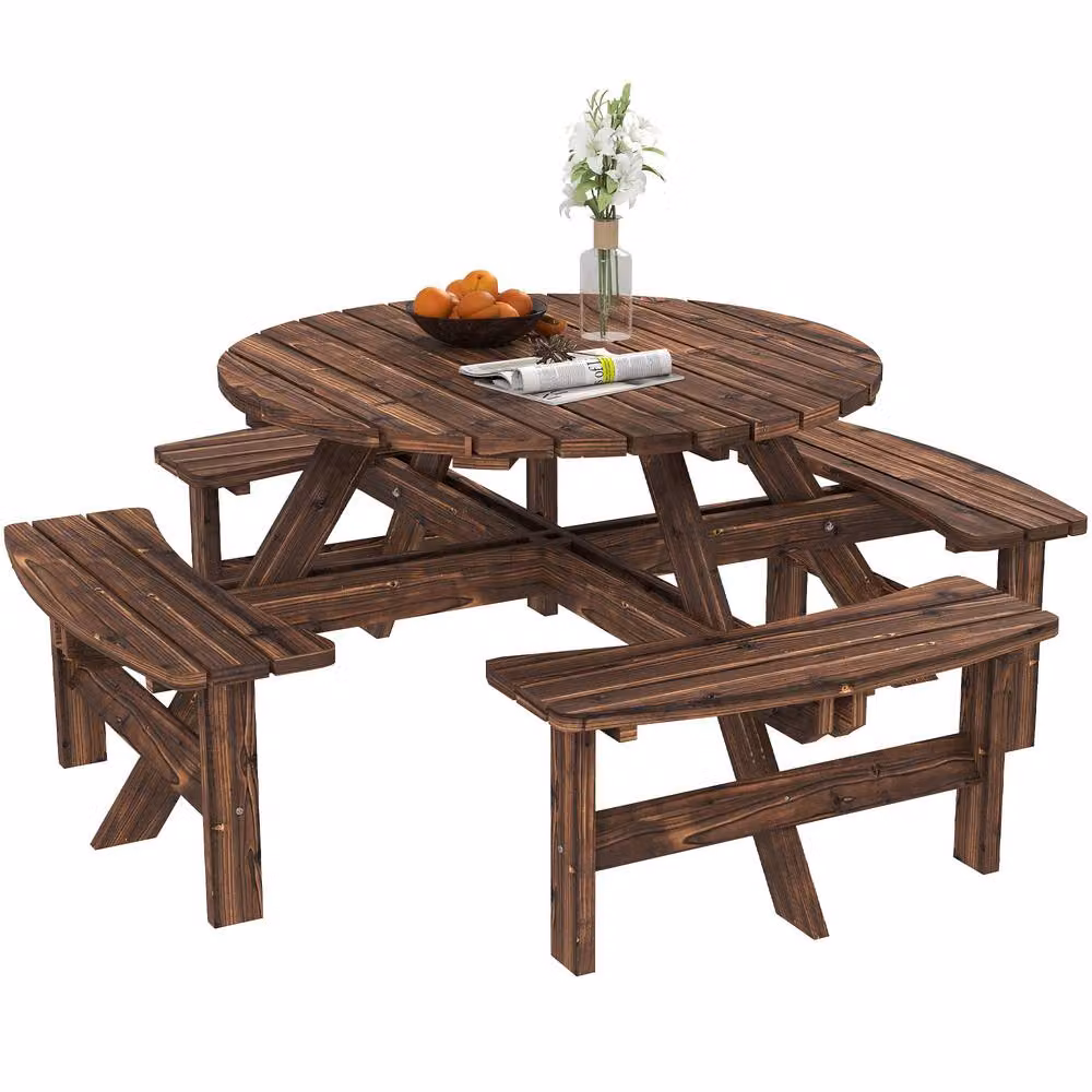 OUTSUNNY Rustic Treated Hardwood Garden Dining Set with Round Table and Benches in Dark Brown – 2