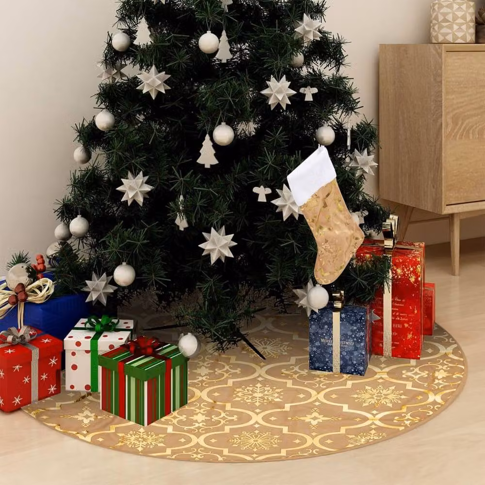 Berkfield Home Luxury Christmas Tree Skirt with Sock in Yellow and Tan Fabric, Diameter: 90 cm – 2