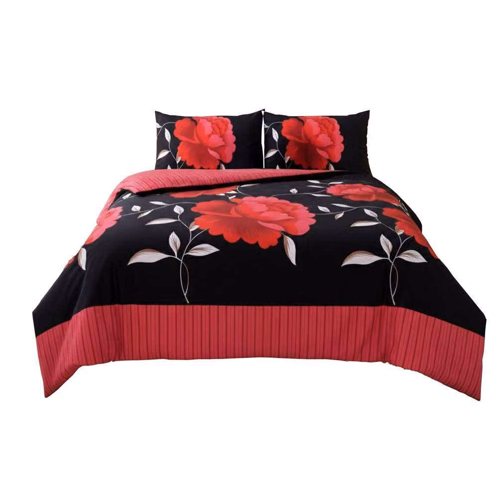 Snug City Reversible Floral Duvet Set and Pillowcase in Red, Size: Double (140 x 200 cm) – 2