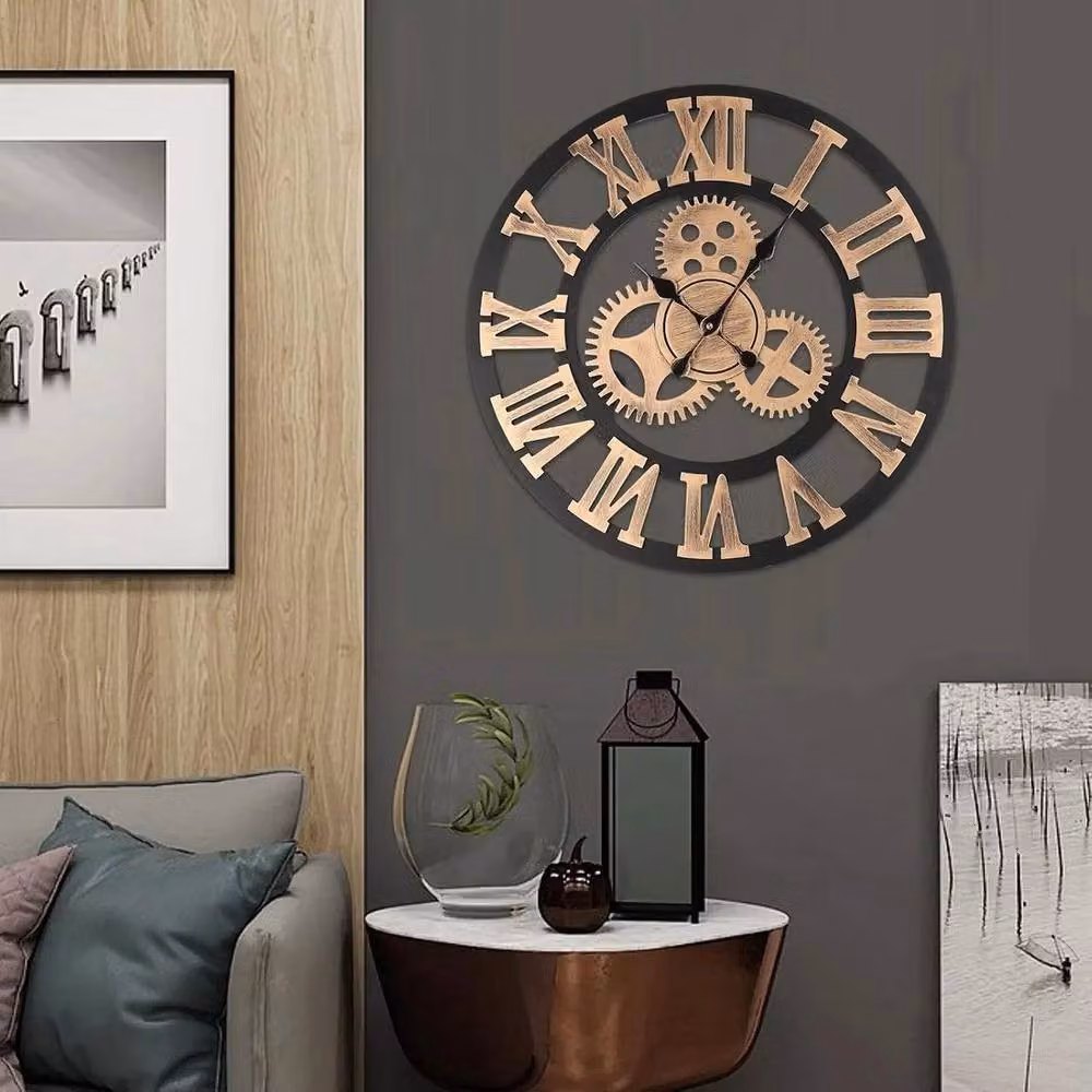 FLAVORA Gold Vintage Round Metal Wall Clock with Silent Analog Movement, Diameter: 50 cm – 3