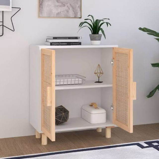 Berkfield Home White Sideboard in Solid Pine and Natural Rattan, W/D/H: 60 x 30 x 70 cm – 1