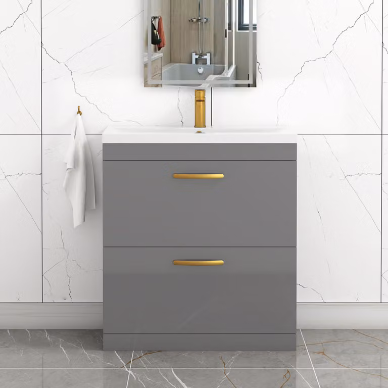 Royal Bathrooms Turin 800mm Floor Standing Mid-Edge Basin Vanity Unit in Indigo Grey Gloss with 2 Drawers and Brushed Brass Handles