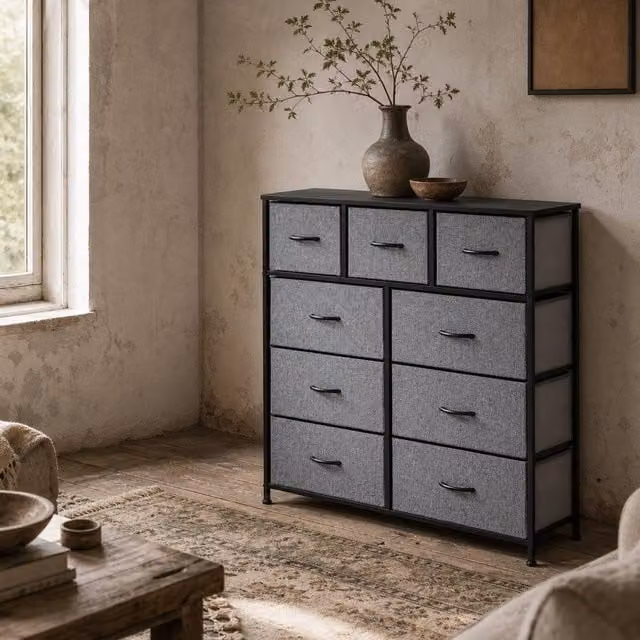 Wyld Haus Molisa 9 Drawer Fabric Dresser in Black and Grey