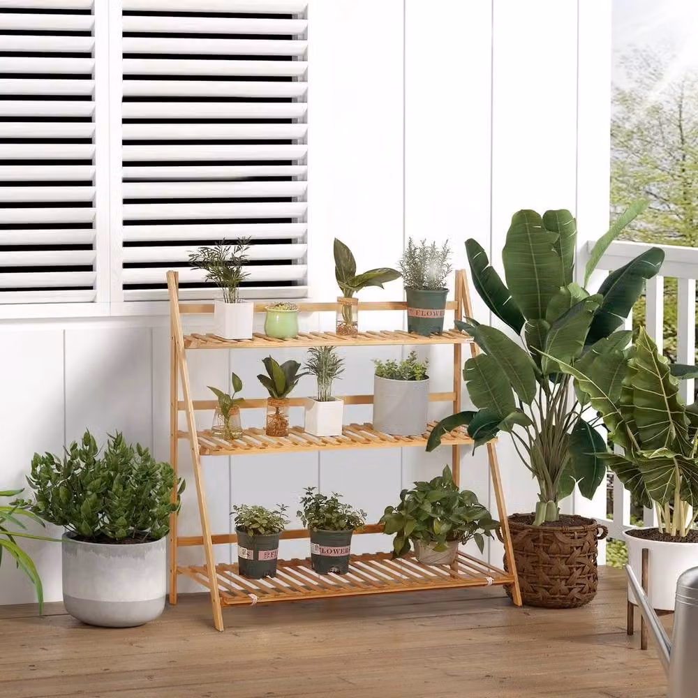 Kelvenix 3-Tier Folding Bamboo Plant Stand Display Rack in Brown, H 97.0 cm x W 39.0 cm x D 100.0 cm – 3