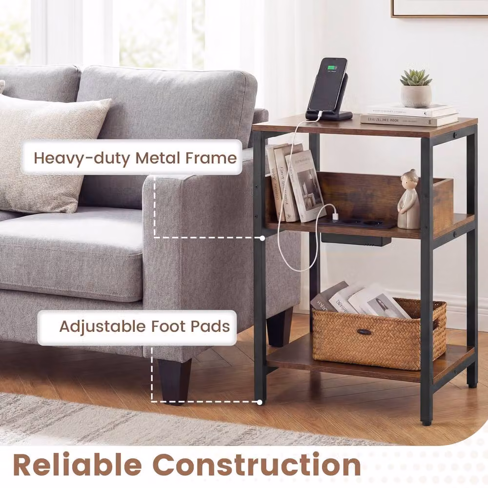 Costway Industrial 3-Tier Side Table with Charging Station in Brown – 5