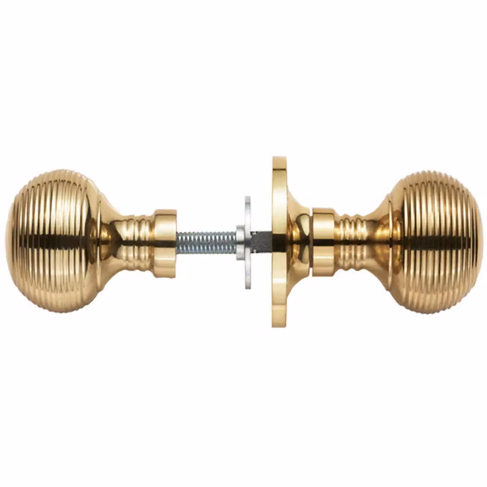 Loops Pair of Textured Rimmed Beehive Mortice Door Knobs in Polished Brass, 52mm Diameter – 2