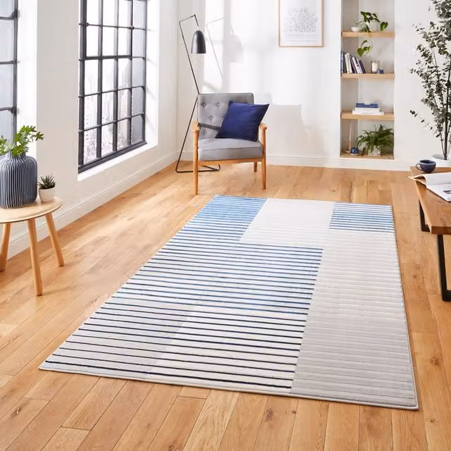 Apollo Terrys Modern Machine Woven Striped Rectangular Yarn Rug in Grey and Blue