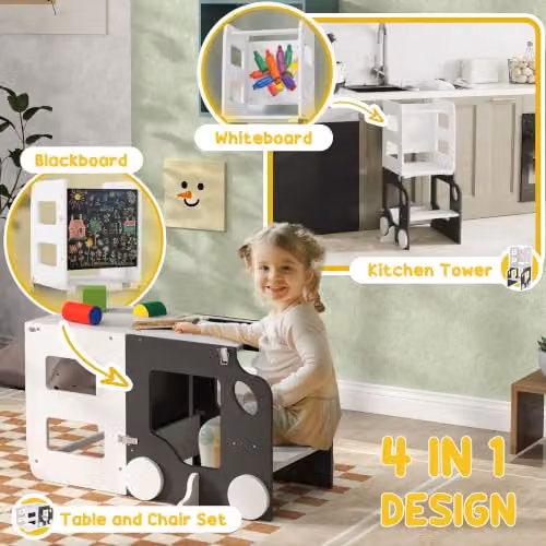 AIYAPLAY 4 in 1 Toddler Learning Tower Step Stool with Chalkboard in Grey and White – 3