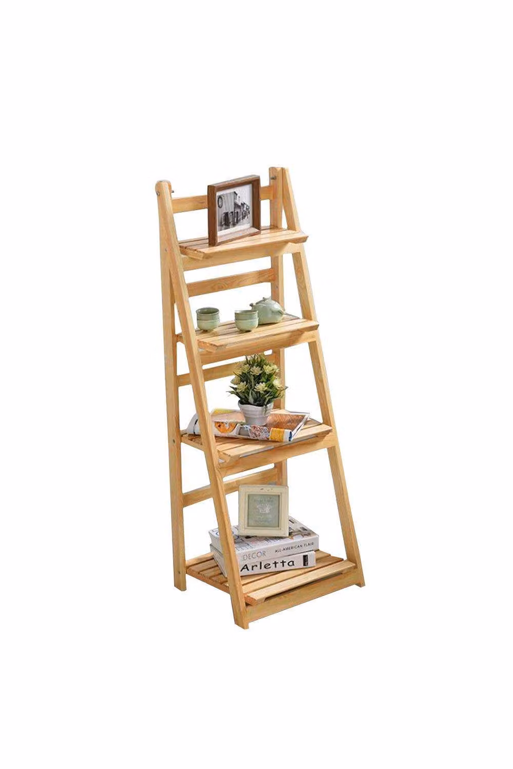 H&O Direct 4 Layer Wooden Foldable Ladder Plant Shelf in Brown – 2
