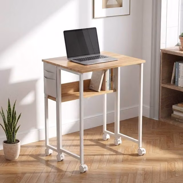 STILVORA Drop Leaf Writing Desk with Castors and Storage in Natural Wood and Metal