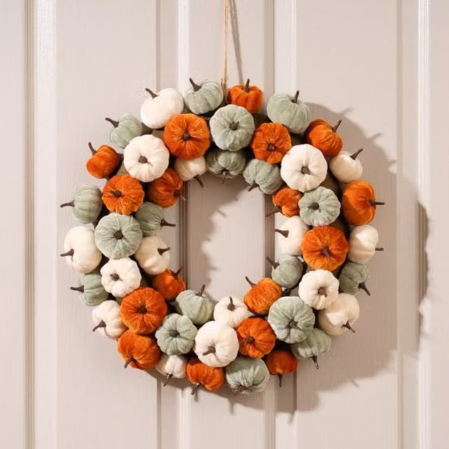 Scottish Everlastings Ltd Velvet Pumpkin Wreath in Orange and Multicolour, Diameter: 43 cm