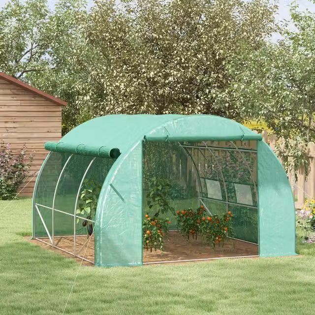 Outsunny Green Polytunnel Greenhouse Walk-in Grow House Tent with 9 m² Growing Area