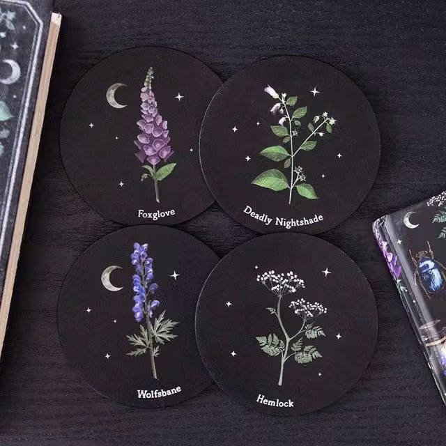 Uniqueful Poisonous Plants Round Wood Coaster Set, Multicolour and Black, 1 Pack