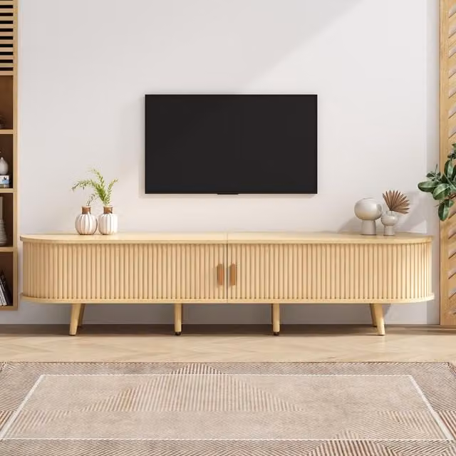 Aosom UK Minimalist Oak TV Stand with Oval Top and Rounded Corners, W: 175 cm, D: 40 cm, H: 42 cm