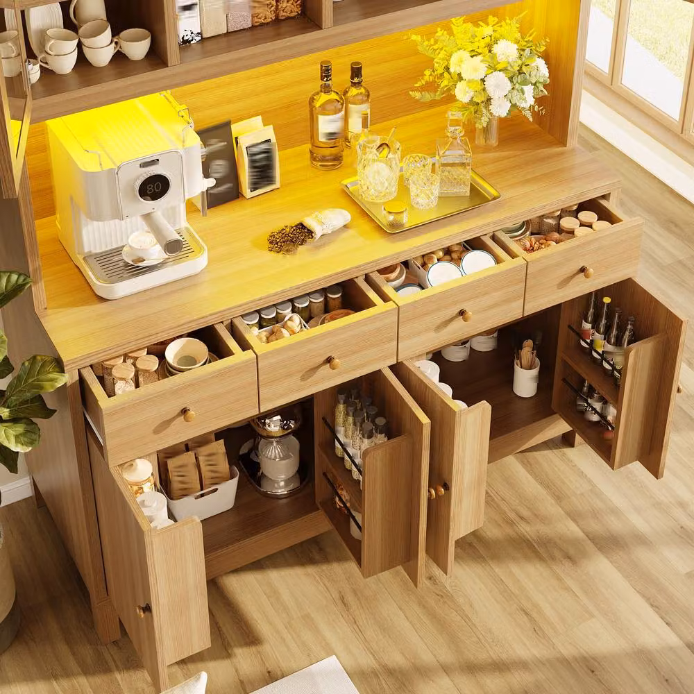 Merax Natural Oak Effect Kitchen Dresser with Glass Doors and Integrated LED Lighting, Brown, H: 180 cm x W: 140 cm x D: 38.5 cm – 2