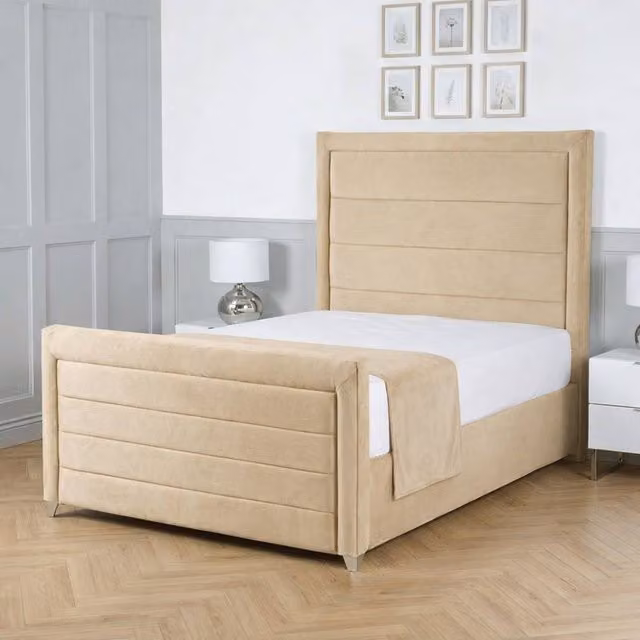 Living Comfort Bedz Selena Plush Velvet Upholstered Bed with Slatted Base and 48 Inch Headboard, Beige, W/D/H: 140 x 200 cm
