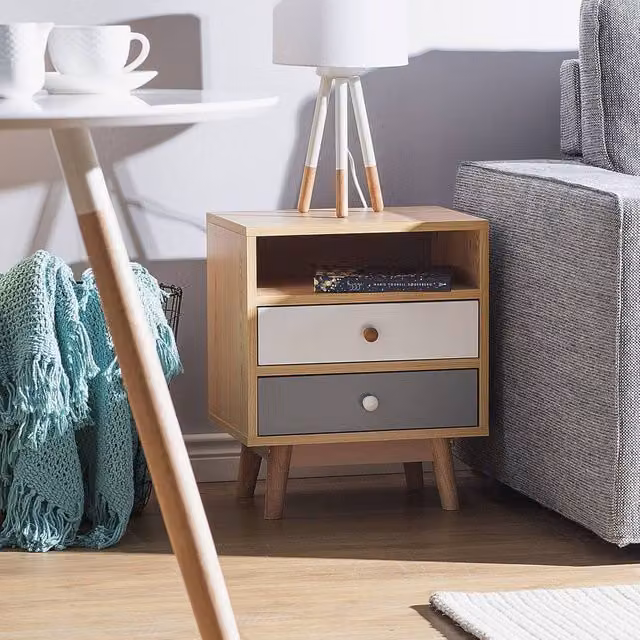 Wyld and Coco Bedside Table in Brown with Two Drawers and Open Shelf