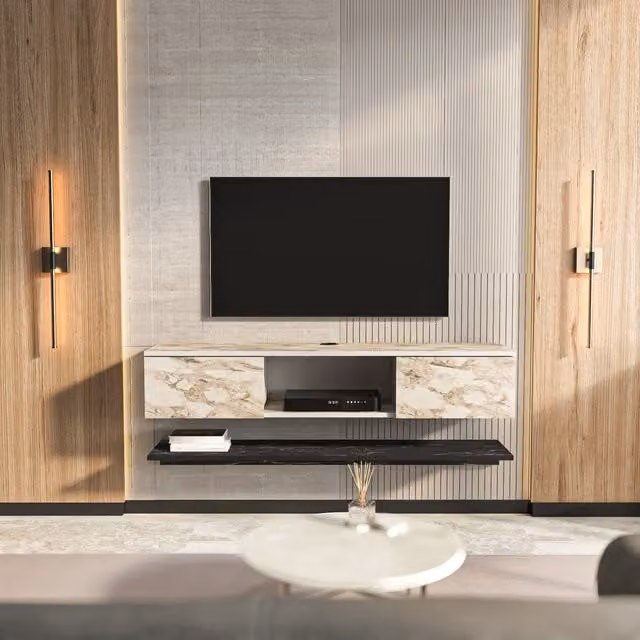 Decorotika Elia Floating TV Unit with Accent Shelf in White and Black Abstract Marble Effect