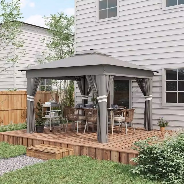 Outsunny Grey Pop Up Gazebo with 20 Solar-Powered LED Lights, W/D: 336 x 336 cm, H: 250 cm