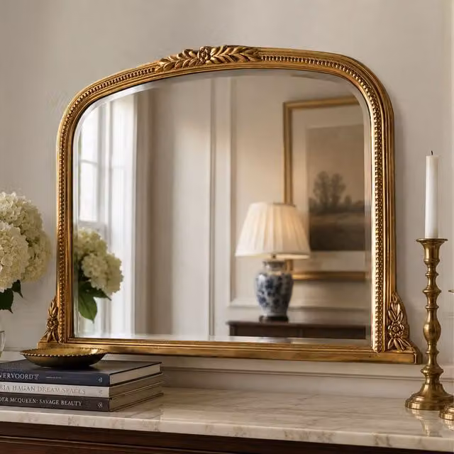 Yearn Mirrors Beaded Overmantle Mirror in Gold, W: 101 cm, H: 66 cm – 1