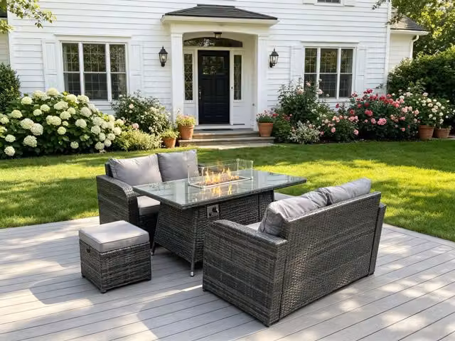 Fimous 6 Seater Rattan Outdoor Garden Furniture Set in Dark Grey with Gas Fire Pit Dining Table, Love Sofa and 2 Footstools – 1
