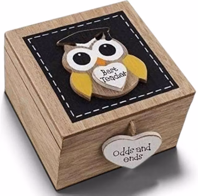 Widdop Gifts Best Teacher Owl Trinket Box in Brown and Multicolour Wood, W/D/H: 10.0 x 10.0 x 6.5 cm