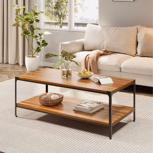 Livingandhome Industrial 2-Tier Rectangular Coffee Table in Brown and Black