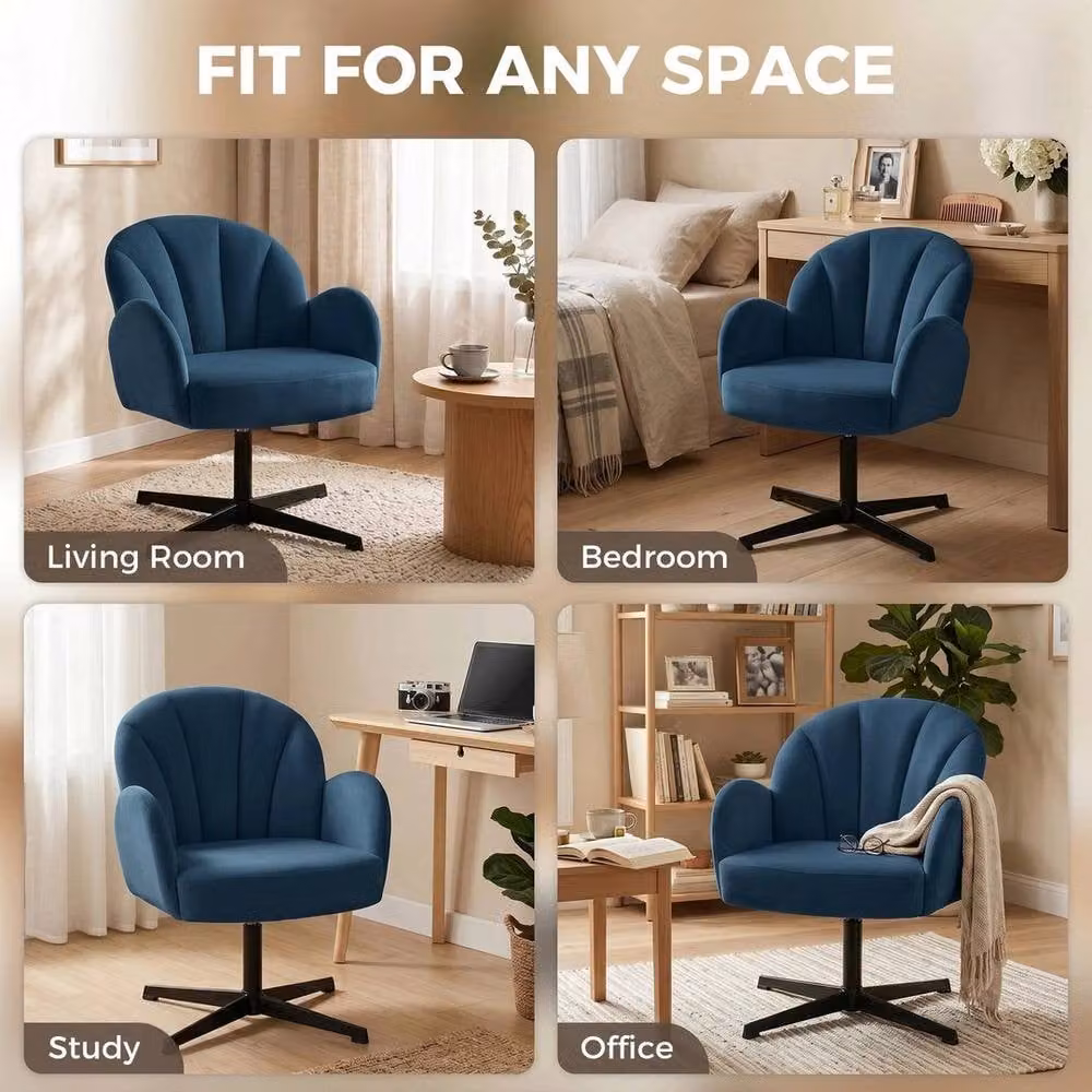 PAWNORA Blue Velvet Shell Swivel Armchair with Integrated Armrests – 4