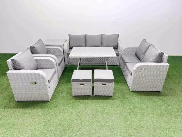 Fimous Outdoor Rectangular Table Sofa Set with Reclining Chair and 2 Small Stools in Light Grey