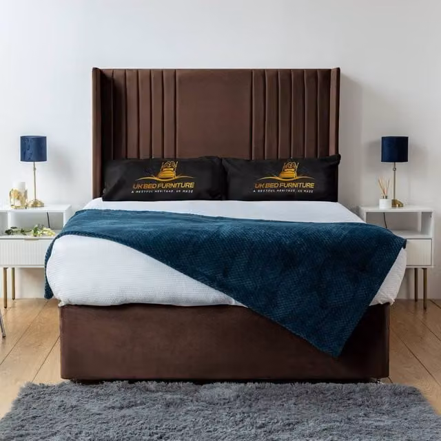UK Bed Furniture Skyline Wingback Divan Bed Base with 54 Inch Headboard in Brown Velvet, W/D/H: 200 x 200 cm
