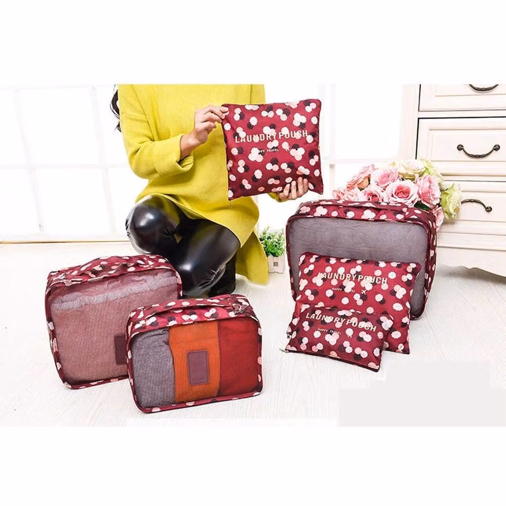 NESTLUNE 6-Piece Red Flower Mesh Packing Cubes Luggage Organiser Set – 3