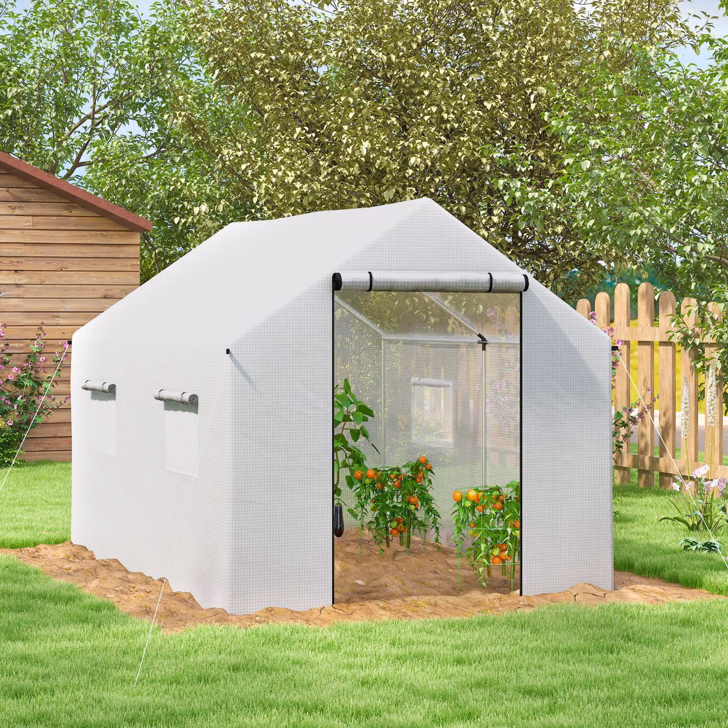 Outsunny White Walk-in Poly Tunnel Greenhouse with Pointed Roof, W/D/H: 2 x 2 x 3 m – 4