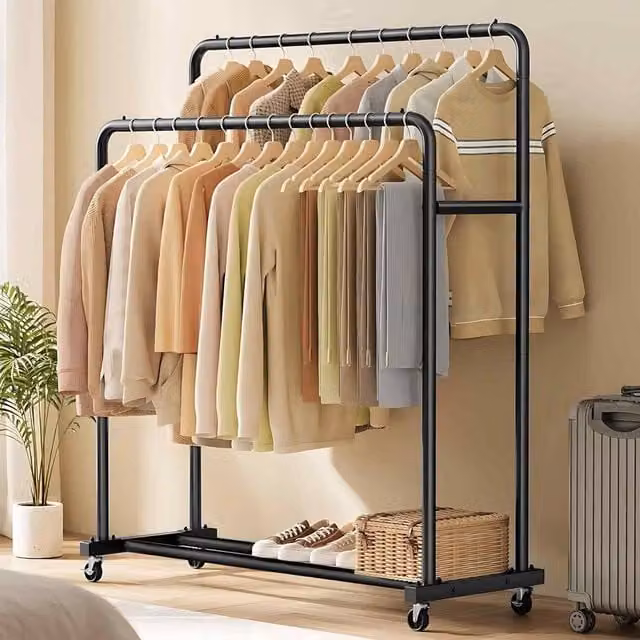 The Bazaarist Double Rail Metal Garment Rack with Lockable Wheels in Matt Black – 1