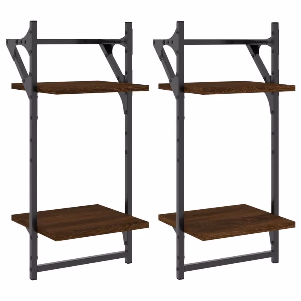 Berkfield Home 2-Tier Wall Mounted Shelves with Bars, 2 Pieces, Brown Oak, W/D/H: 30 x 25 x 65 cm – 2