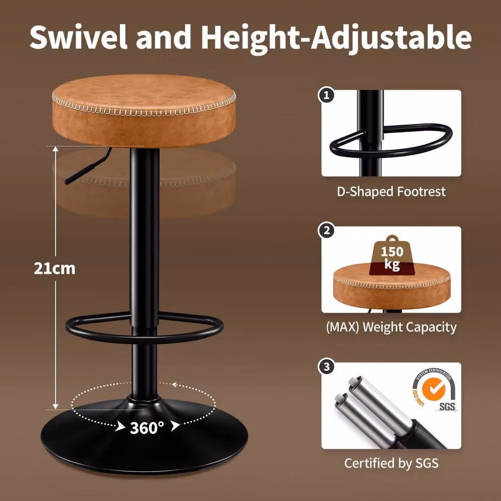STOOLINK Set of 2 Brown Industrial Metal Breakfast Bar Stools with Swivel and Adjustable Height – 3