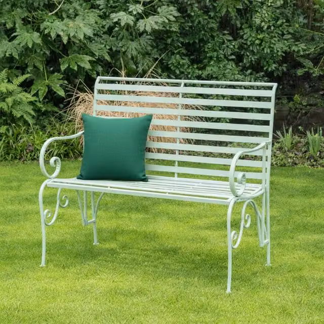 Melody Maison Sage Green Metal Ornate Distressed Garden Bench W: 100 cm, H: 92 cm, D: 92 cm