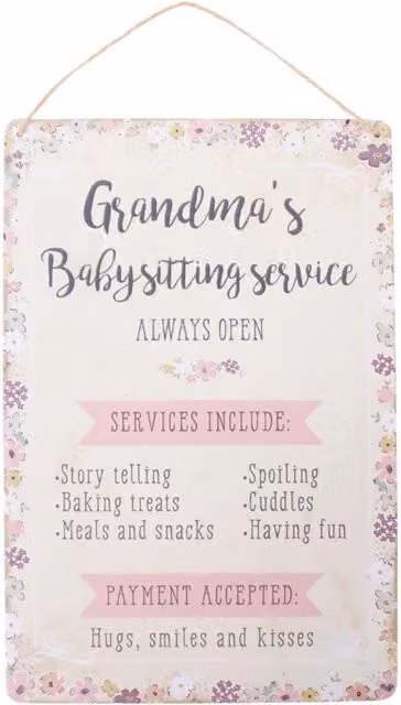 KDMK Grandma's Babysitting Service Floral Wooden Hanging Sign, White