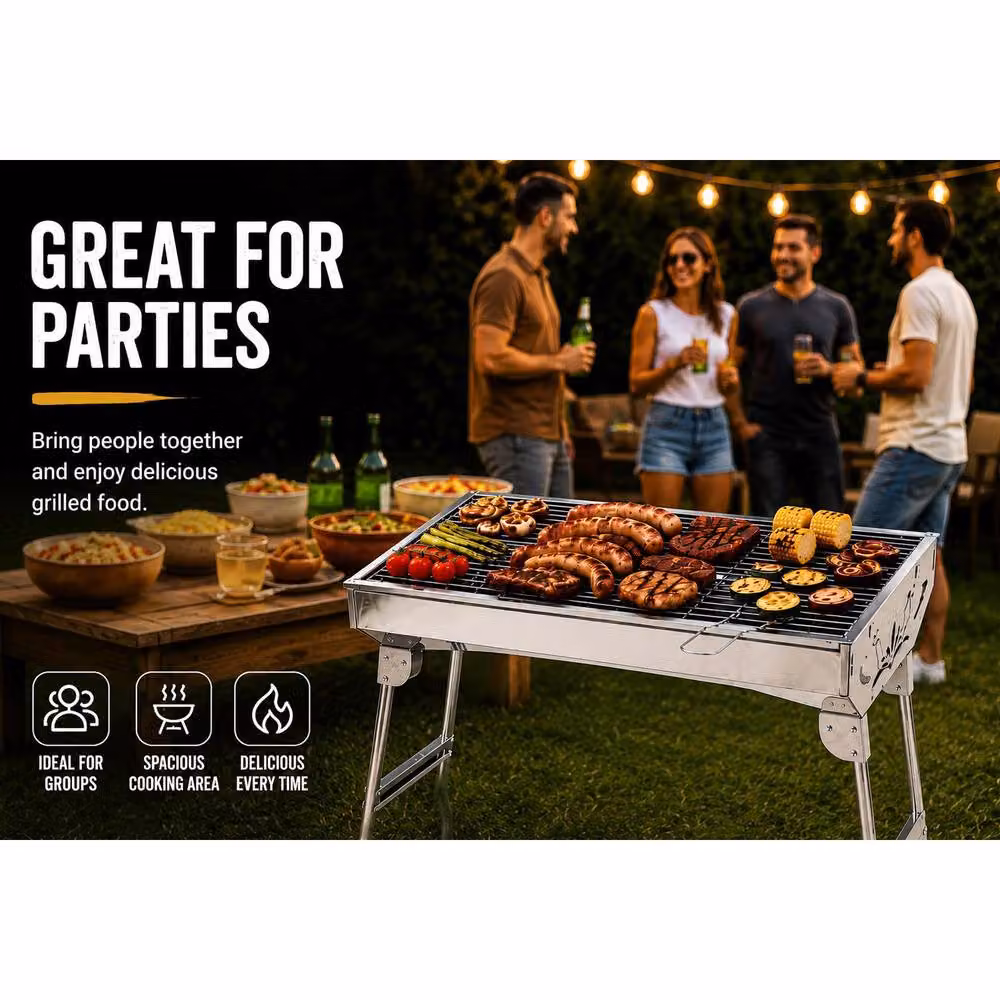 House of Home Portable Charcoal BBQ Grill, Folding Stainless Steel Tabletop Barbecue in Silver, W/D/H: 68.8 x 29.5 x 70.0 cm – 2