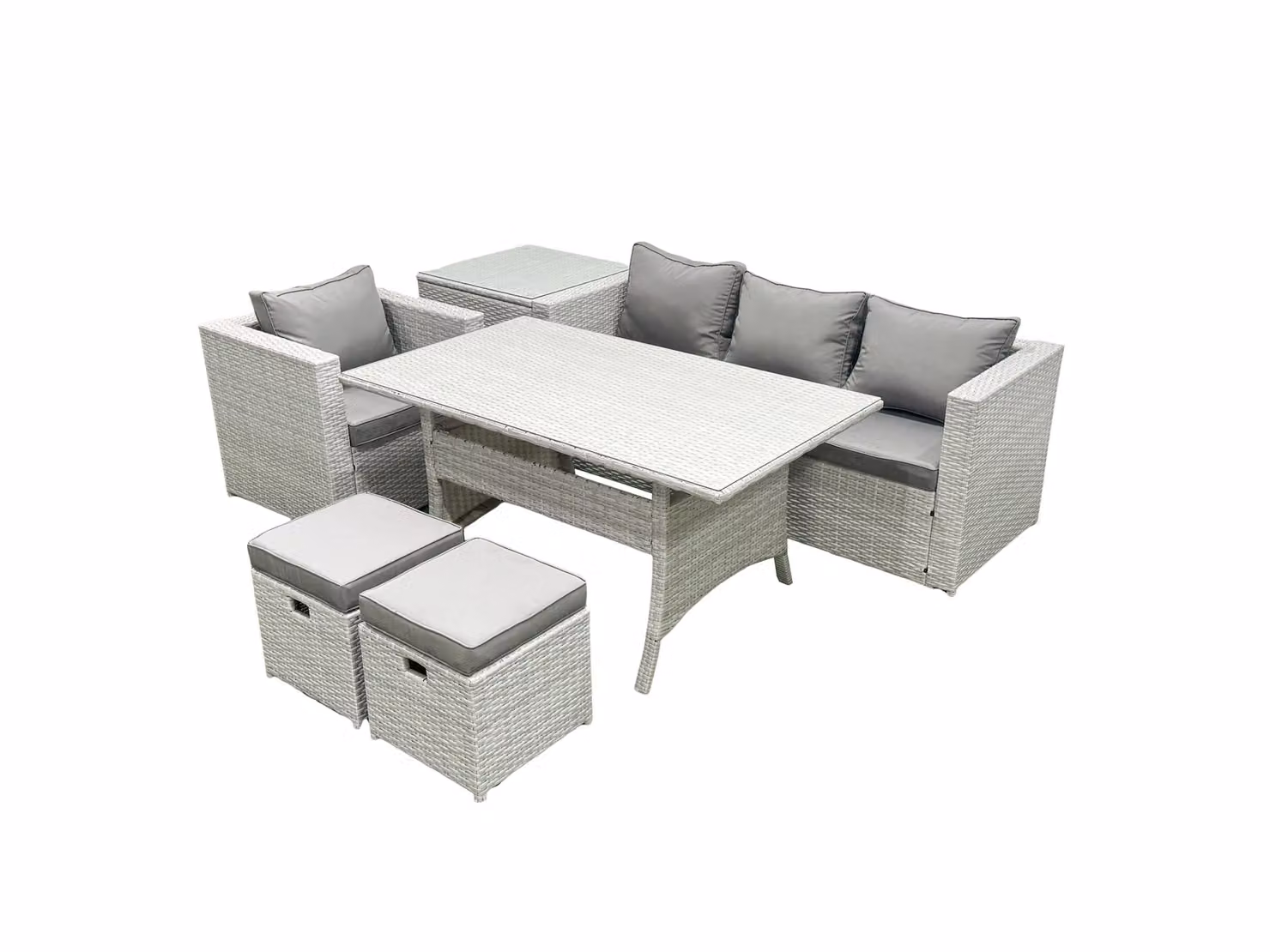 Fimous 6 Seater Rattan Garden Furniture Dining Set with Lounge Sofa, Chairs, Dining Table and 2 Footstools in Light Grey – 2