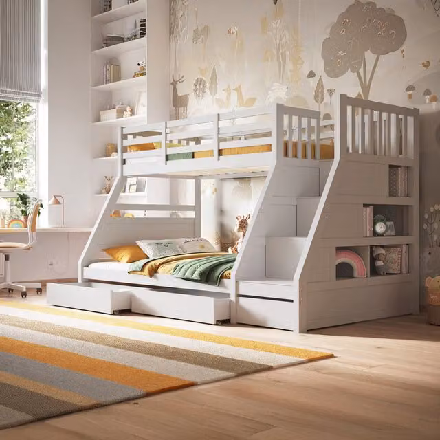 Flair Furnishings Lunar Triple Bunk Bed with Stairs and Drawers in White and Grey