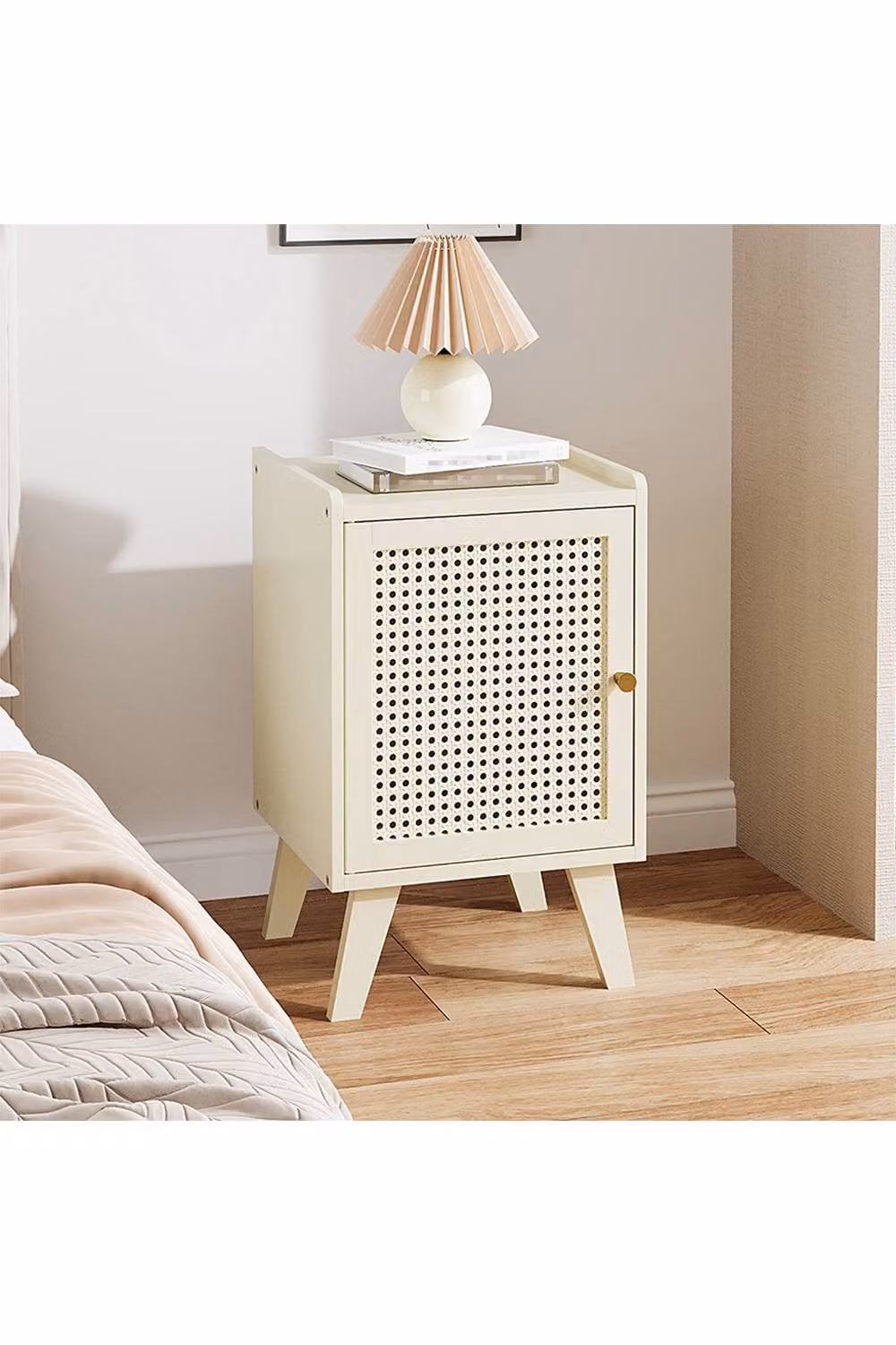 Living and Home Modern Minimalist Rattan Bedside Table in Beige